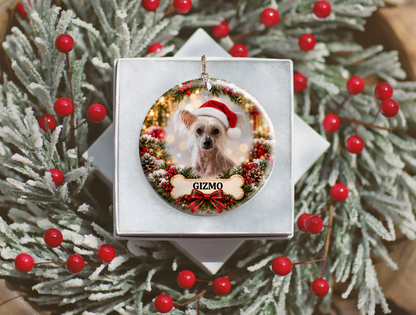 Personalized Chinese Crested Christmas Ornament, Custom Dog Portrait from Photo, Ceramic Pet Keepsake with Name