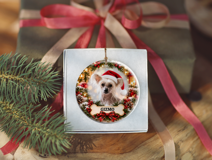 Personalized Chinese Crested Christmas Ornament, Custom Dog Portrait from Photo, Ceramic Pet Keepsake with Name