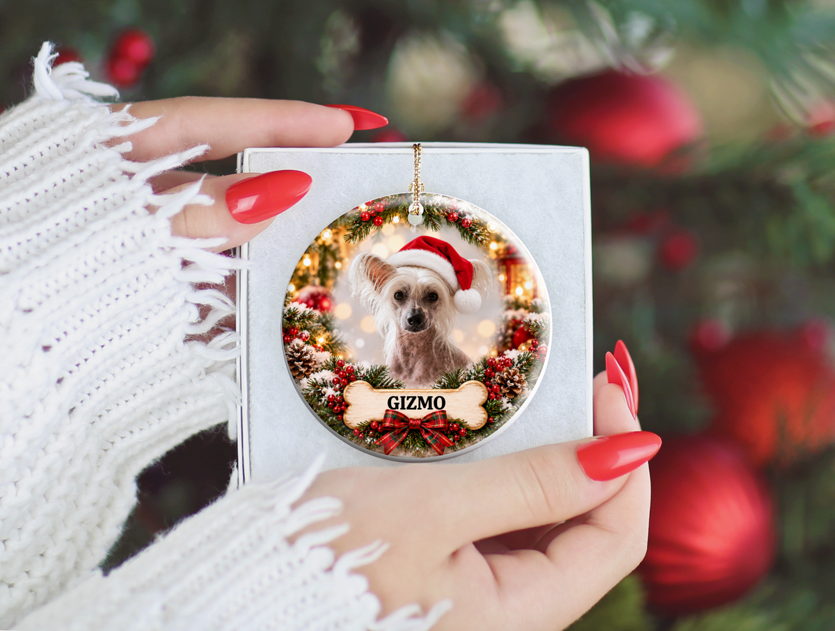 Personalized Chinese Crested Christmas Ornament, Custom Dog Portrait from Photo, Ceramic Pet Keepsake with Name