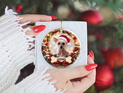 Personalized Chinese Crested Christmas Ornament, Custom Dog Portrait from Photo, Ceramic Pet Keepsake with Name
