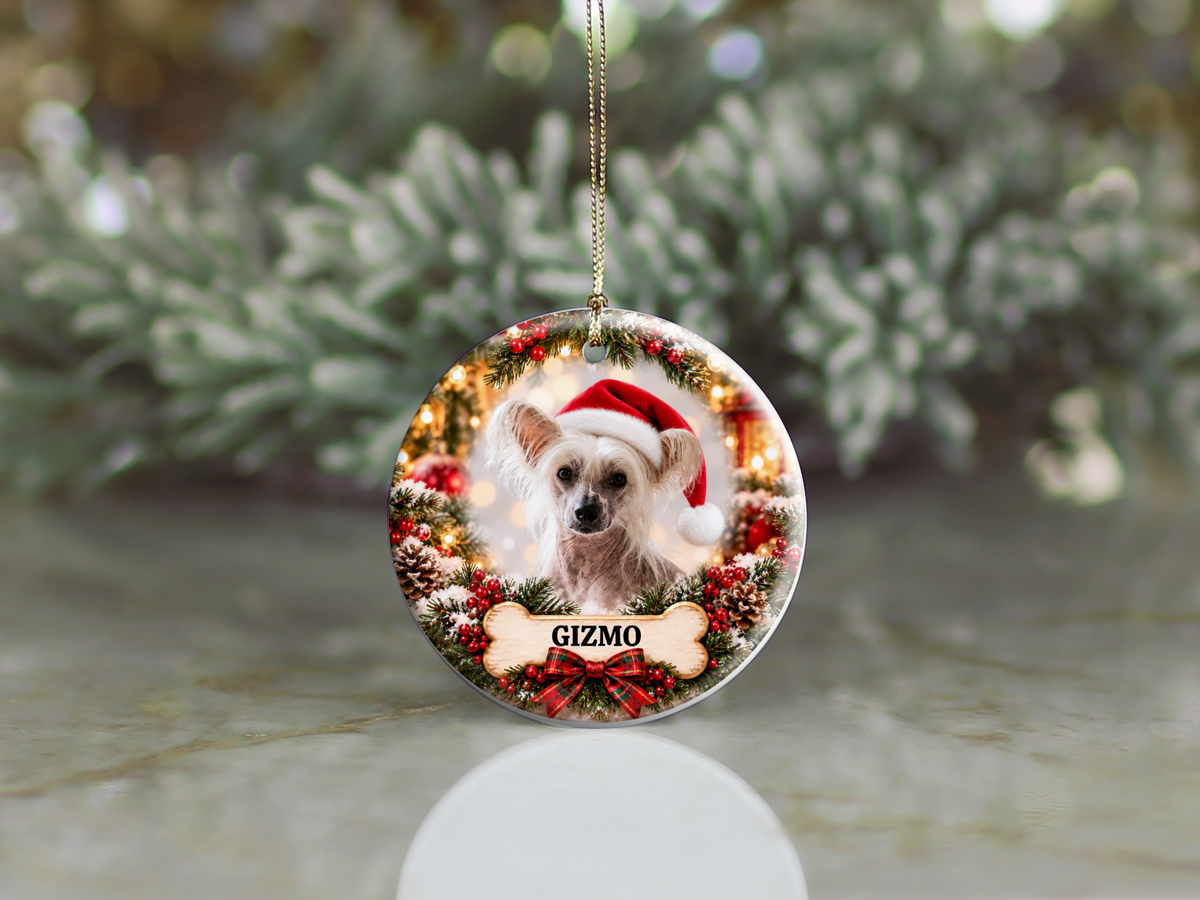 Personalized Chinese Crested Christmas Ornament, Custom Dog Portrait from Photo, Ceramic Pet Keepsake with Name