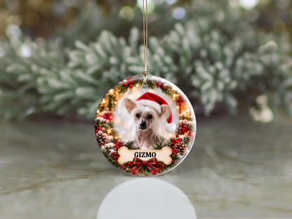 Personalized Chinese Crested Christmas Ornament, Custom Dog Portrait from Photo, Ceramic Pet Keepsake with Name