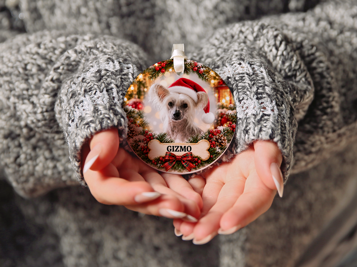 Personalized Chinese Crested Christmas Ornament, Custom Dog Portrait from Photo, Ceramic Pet Keepsake with Name