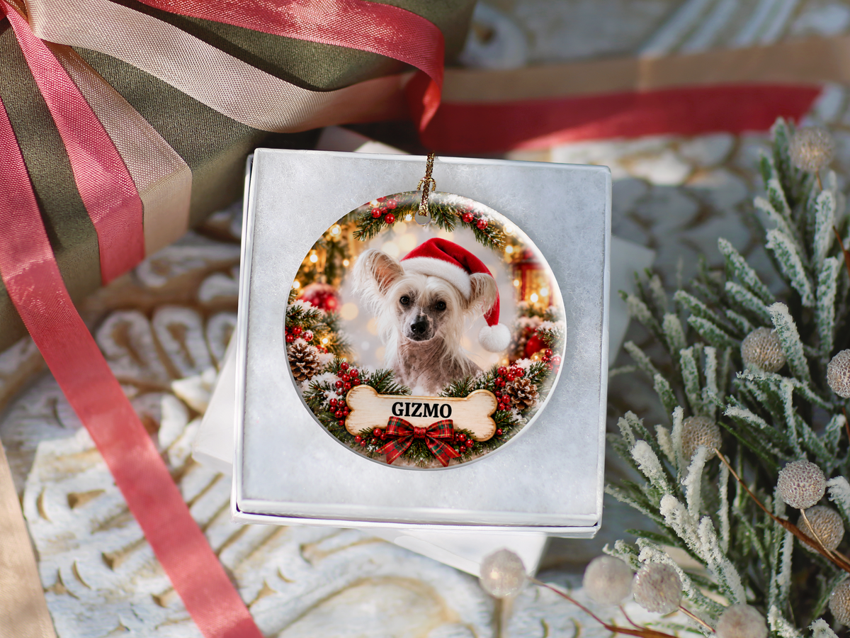 Personalized Chinese Crested Christmas Ornament, Custom Dog Portrait from Photo, Ceramic Pet Keepsake with Name