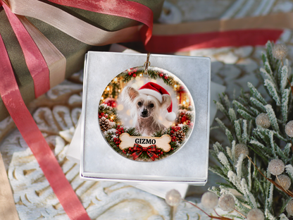 Personalized Chinese Crested Christmas Ornament, Custom Dog Portrait from Photo, Ceramic Pet Keepsake with Name