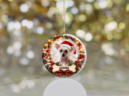 Personalized Chinese Crested Christmas Ornament, Custom Dog Portrait from Photo, Ceramic Pet Keepsake with Name