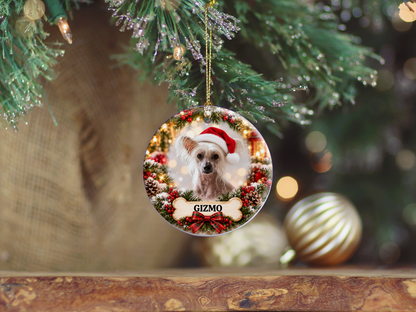 Personalized Chinese Crested Christmas Ornament, Custom Dog Portrait from Photo, Ceramic Pet Keepsake with Name