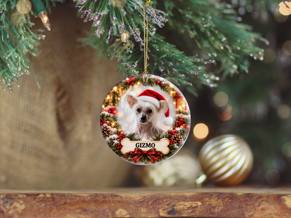 Personalized Chinese Crested Christmas Ornament, Custom Dog Portrait from Photo, Ceramic Pet Keepsake with Name