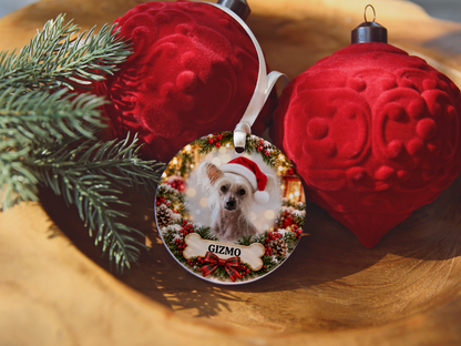 Personalized Chinese Crested Christmas Ornament, Custom Dog Portrait from Photo, Ceramic Pet Keepsake with Name