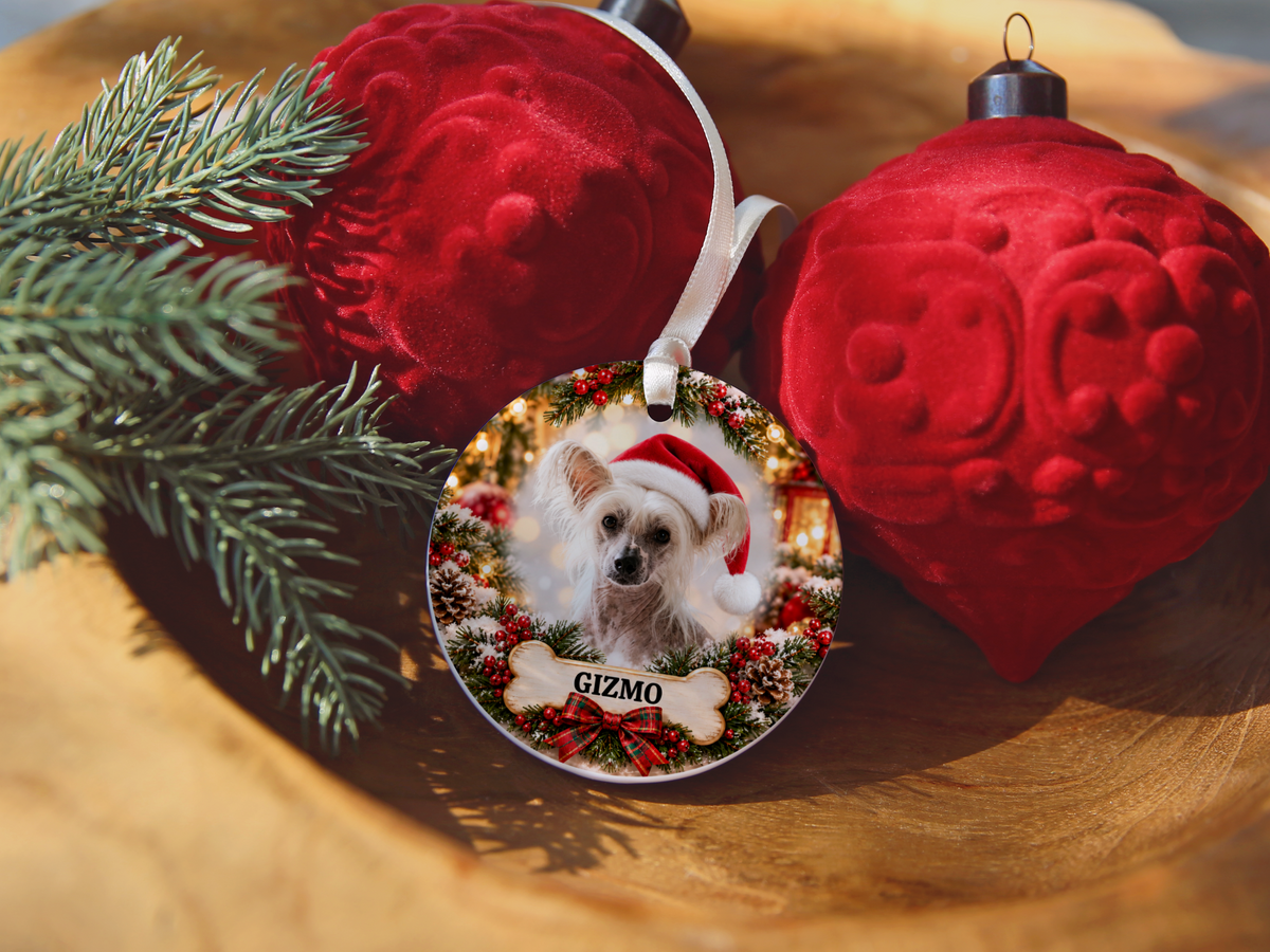 Personalized Chinese Crested Christmas Ornament, Custom Dog Portrait from Photo, Ceramic Pet Keepsake with Name