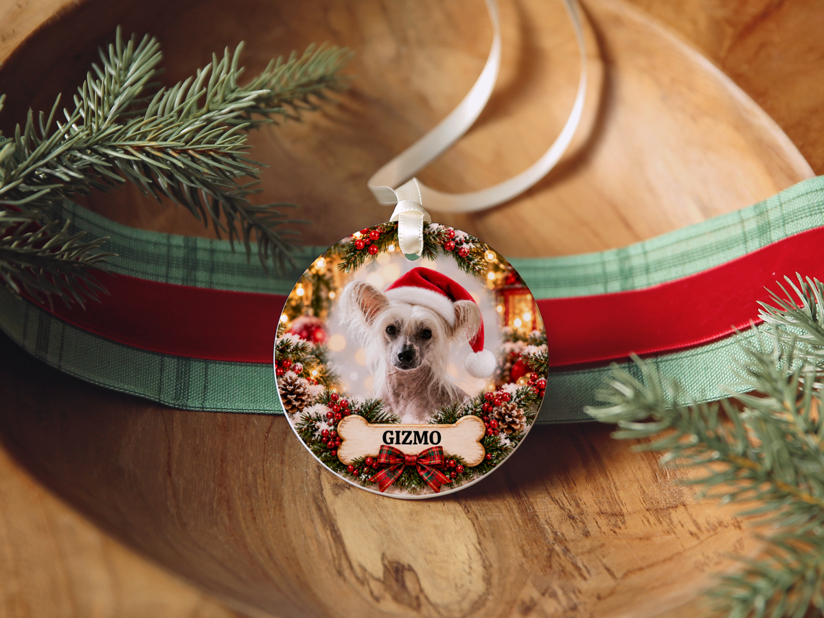 Personalized Chinese Crested Christmas Ornament, Custom Dog Portrait from Photo, Ceramic Pet Keepsake with Name