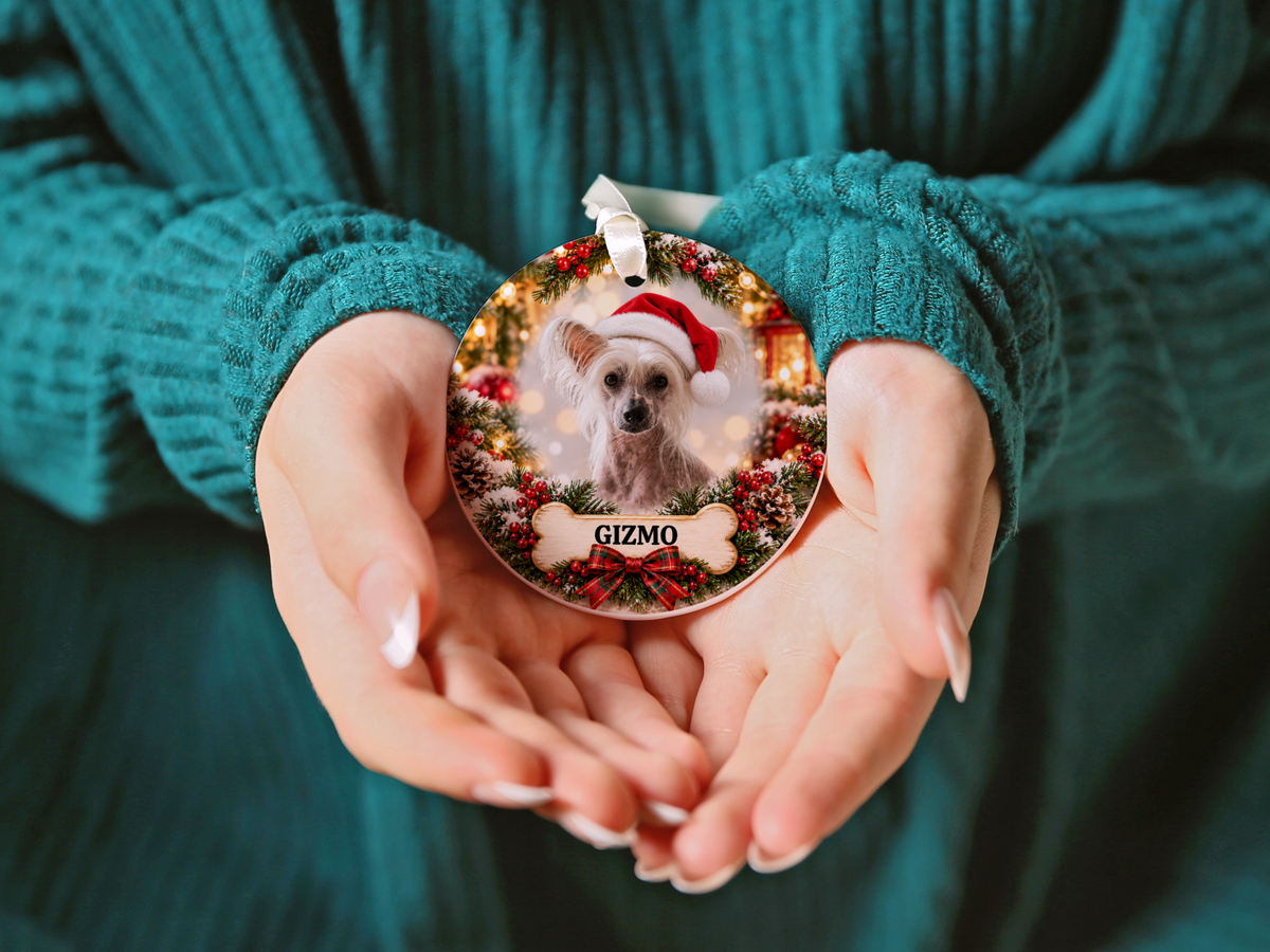 Personalized Chinese Crested Christmas Ornament, Custom Dog Portrait from Photo, Ceramic Pet Keepsake with Name