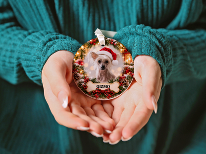 Personalized Chinese Crested Christmas Ornament, Custom Dog Portrait from Photo, Ceramic Pet Keepsake with Name