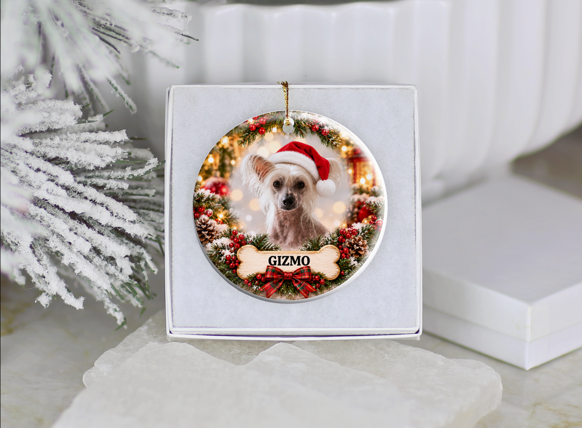 Personalized Chinese Crested Christmas Ornament, Custom Dog Portrait from Photo, Ceramic Pet Keepsake with Name