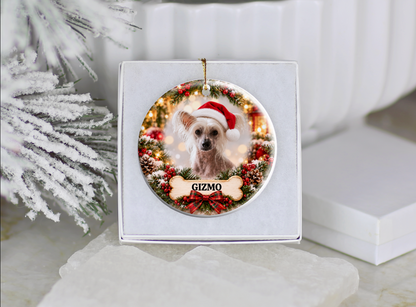 Personalized Chinese Crested Christmas Ornament, Custom Dog Portrait from Photo, Ceramic Pet Keepsake with Name