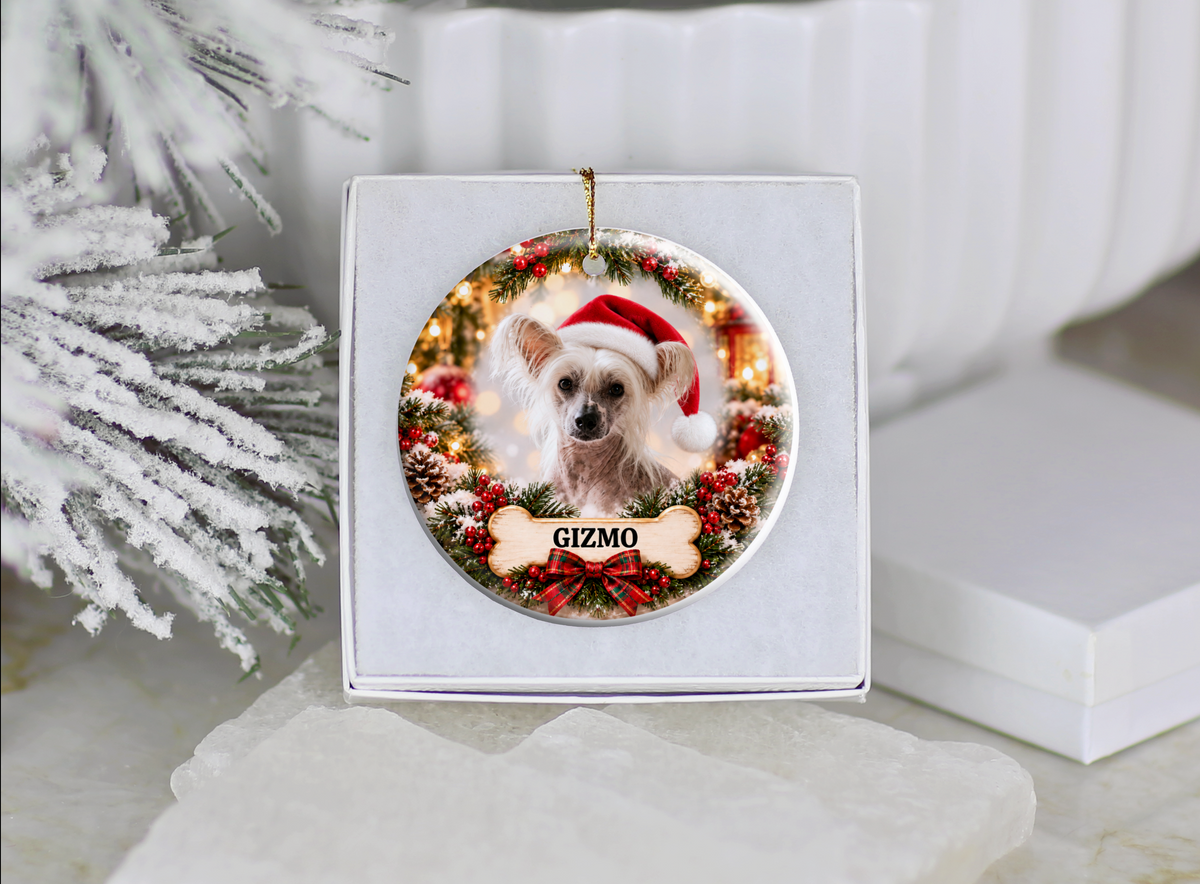 Personalized Chinese Crested Christmas Ornament, Custom Dog Portrait from Photo, Ceramic Pet Keepsake with Name