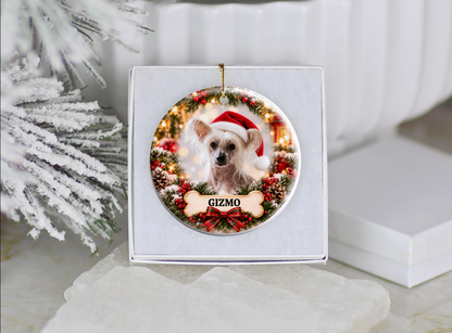 Personalized Chinese Crested Christmas Ornament, Custom Dog Portrait from Photo, Ceramic Pet Keepsake with Name