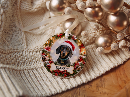 Personalized Dachshund Christmas Ornament, Custom Dog Portrait from Photo, Ceramic Wiener Dog Keepsake with Name