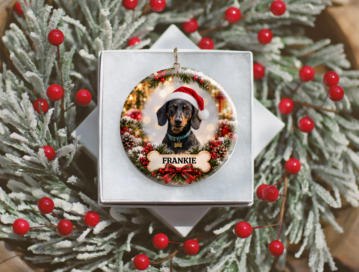 Personalized Dachshund Christmas Ornament, Custom Dog Portrait from Photo, Ceramic Wiener Dog Keepsake with Name