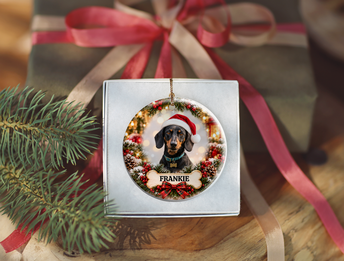 Personalized Dachshund Christmas Ornament, Custom Dog Portrait from Photo, Ceramic Wiener Dog Keepsake with Name