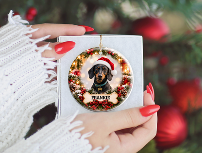 Personalized Dachshund Christmas Ornament, Custom Dog Portrait from Photo, Ceramic Wiener Dog Keepsake with Name