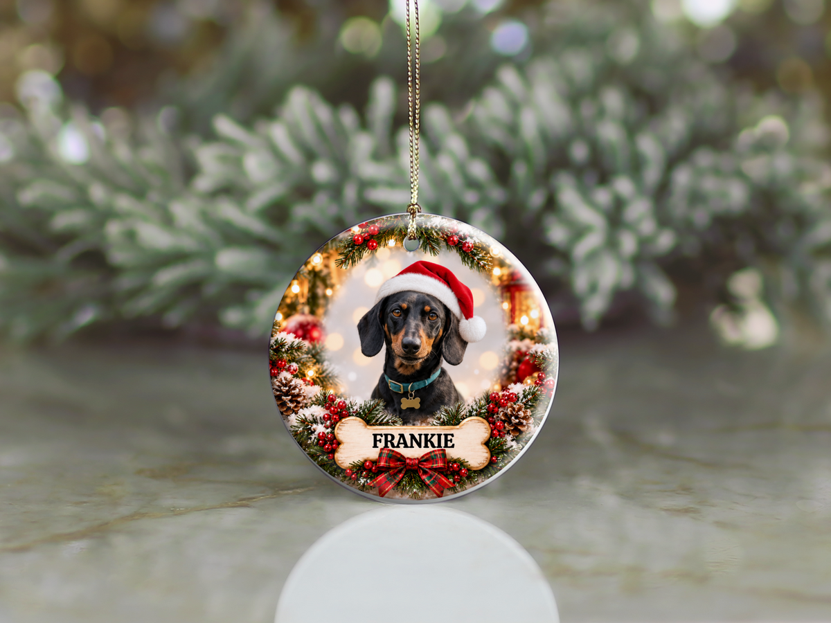 Personalized Dachshund Christmas Ornament, Custom Dog Portrait from Photo, Ceramic Wiener Dog Keepsake with Name