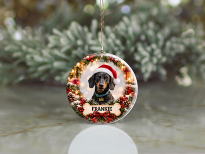 Personalized Dachshund Christmas Ornament, Custom Dog Portrait from Photo, Ceramic Wiener Dog Keepsake with Name