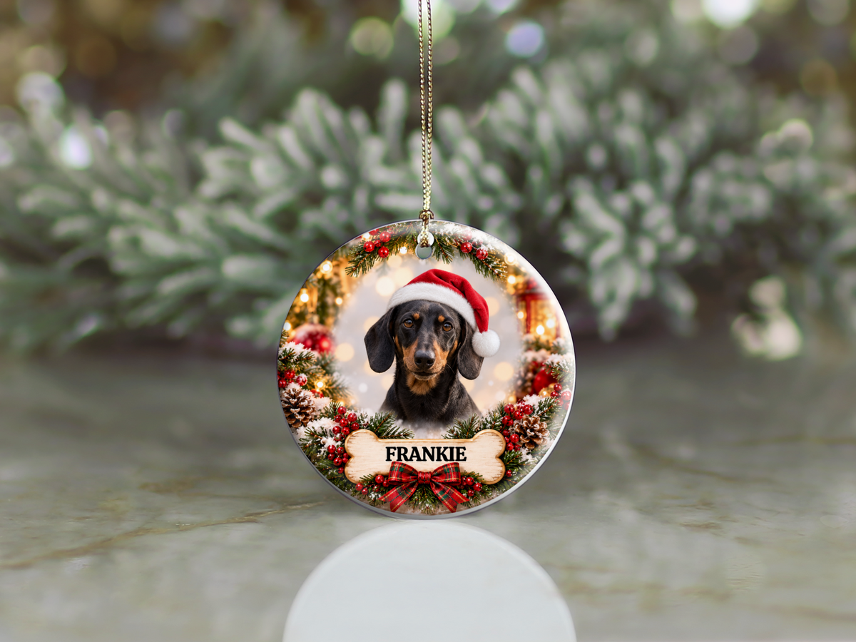 Personalized Dachshund Christmas Ornament, Custom Dog Portrait from Photo, Ceramic Wiener Dog Keepsake with Name
