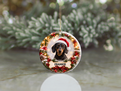 Personalized Dachshund Christmas Ornament, Custom Dog Portrait from Photo, Ceramic Wiener Dog Keepsake with Name