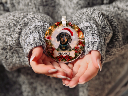 Personalized Dachshund Christmas Ornament, Custom Dog Portrait from Photo, Ceramic Wiener Dog Keepsake with Name