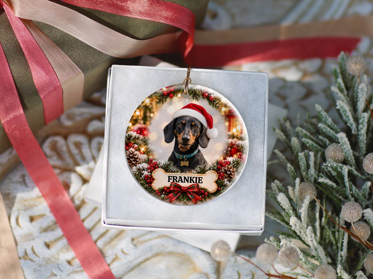 Personalized Dachshund Christmas Ornament, Custom Dog Portrait from Photo, Ceramic Wiener Dog Keepsake with Name