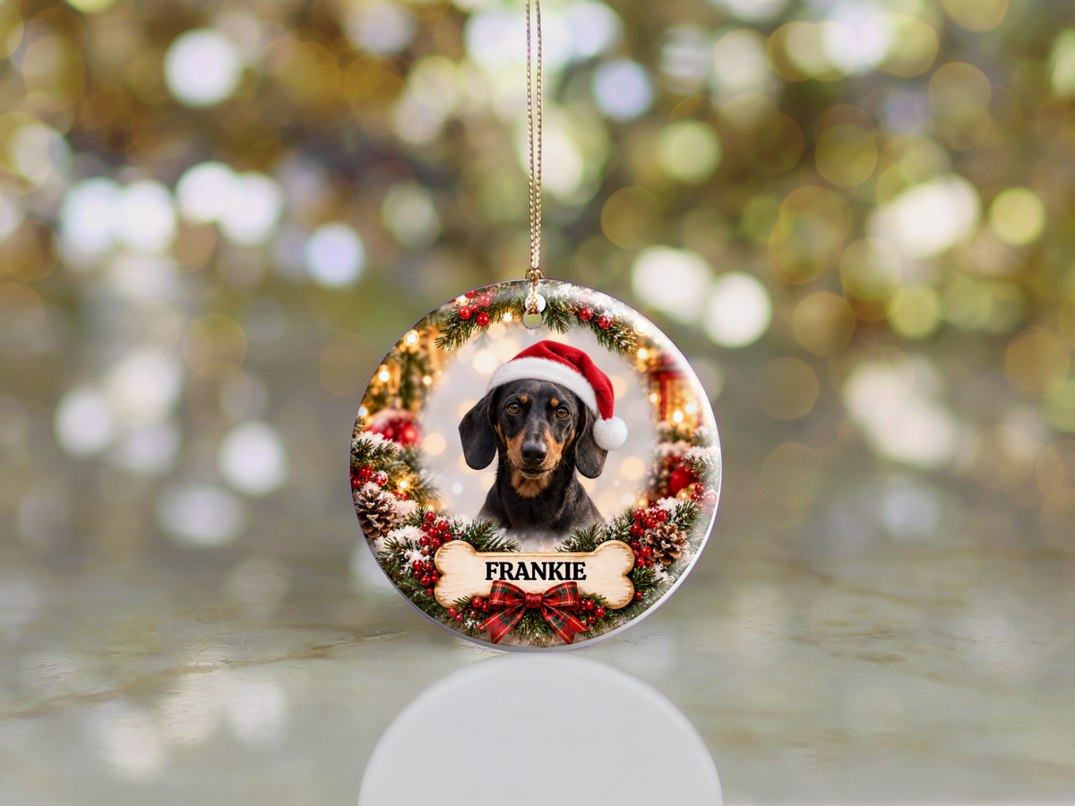 Personalized Dachshund Christmas Ornament, Custom Dog Portrait from Photo, Ceramic Wiener Dog Keepsake with Name