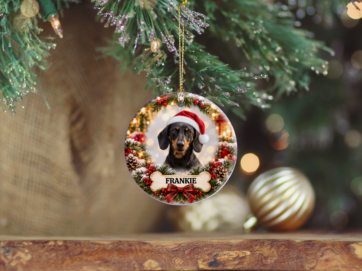 Personalized Dachshund Christmas Ornament, Custom Dog Portrait from Photo, Ceramic Wiener Dog Keepsake with Name