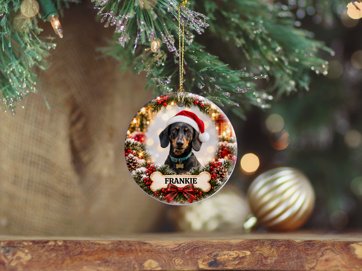 Personalized Dachshund Christmas Ornament, Custom Dog Portrait from Photo, Ceramic Wiener Dog Keepsake with Name