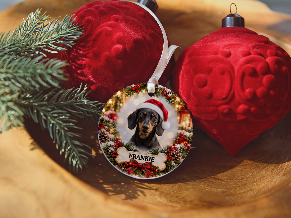 Personalized Dachshund Christmas Ornament, Custom Dog Portrait from Photo, Ceramic Wiener Dog Keepsake with Name