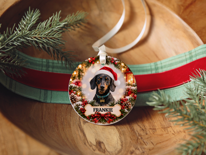Personalized Dachshund Christmas Ornament, Custom Dog Portrait from Photo, Ceramic Wiener Dog Keepsake with Name