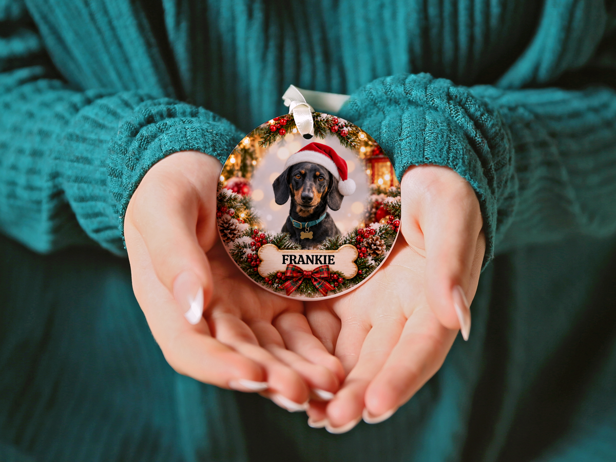 Personalized Dachshund Christmas Ornament, Custom Dog Portrait from Photo, Ceramic Wiener Dog Keepsake with Name