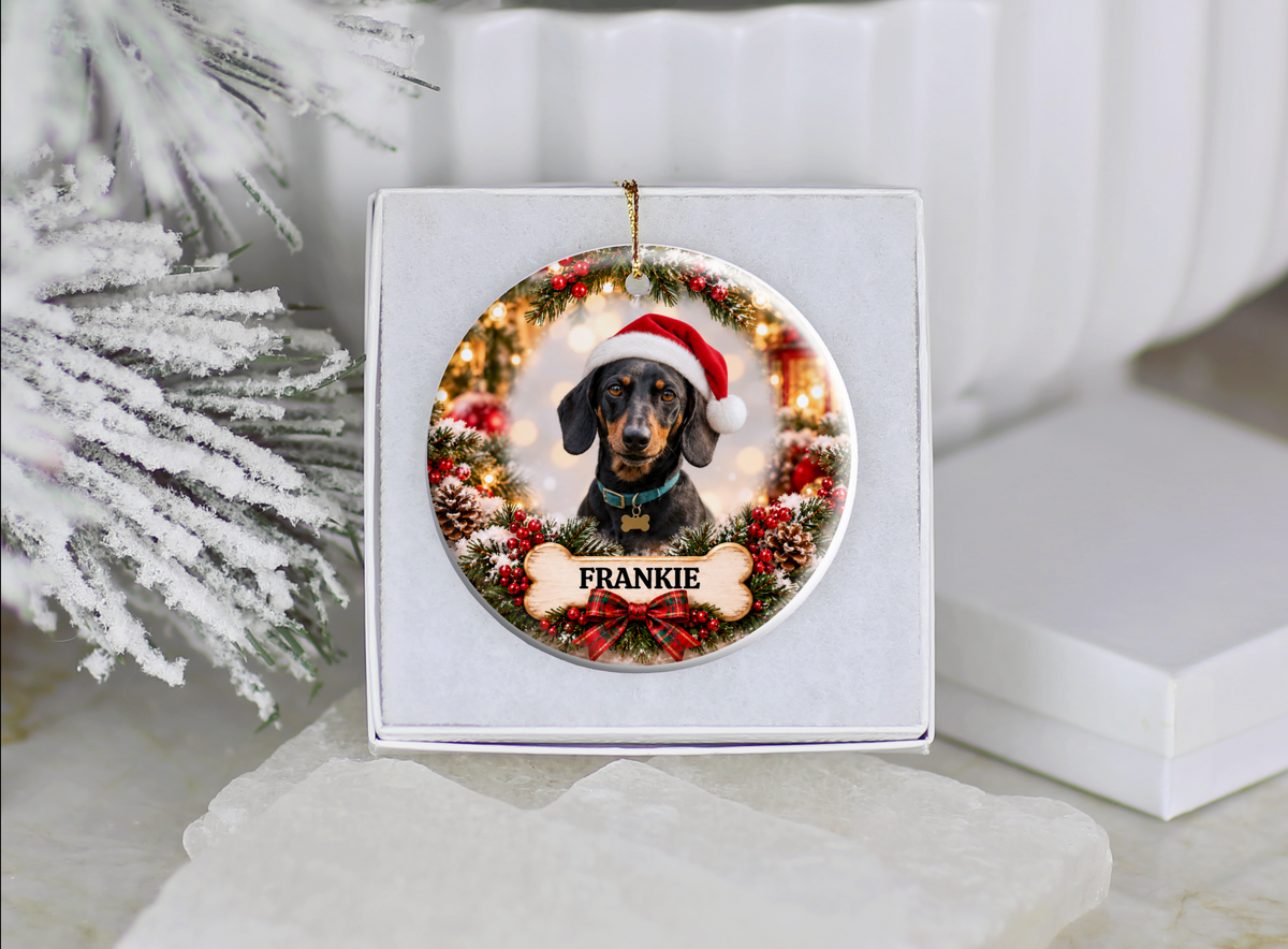 Personalized Dachshund Christmas Ornament, Custom Dog Portrait from Photo, Ceramic Wiener Dog Keepsake with Name