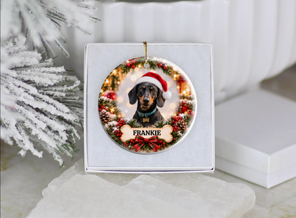 Personalized Dachshund Christmas Ornament, Custom Dog Portrait from Photo, Ceramic Wiener Dog Keepsake with Name