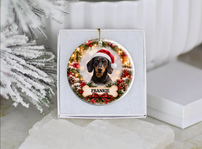 Personalized Dachshund Christmas Ornament, Custom Dog Portrait from Photo, Ceramic Wiener Dog Keepsake with Name
