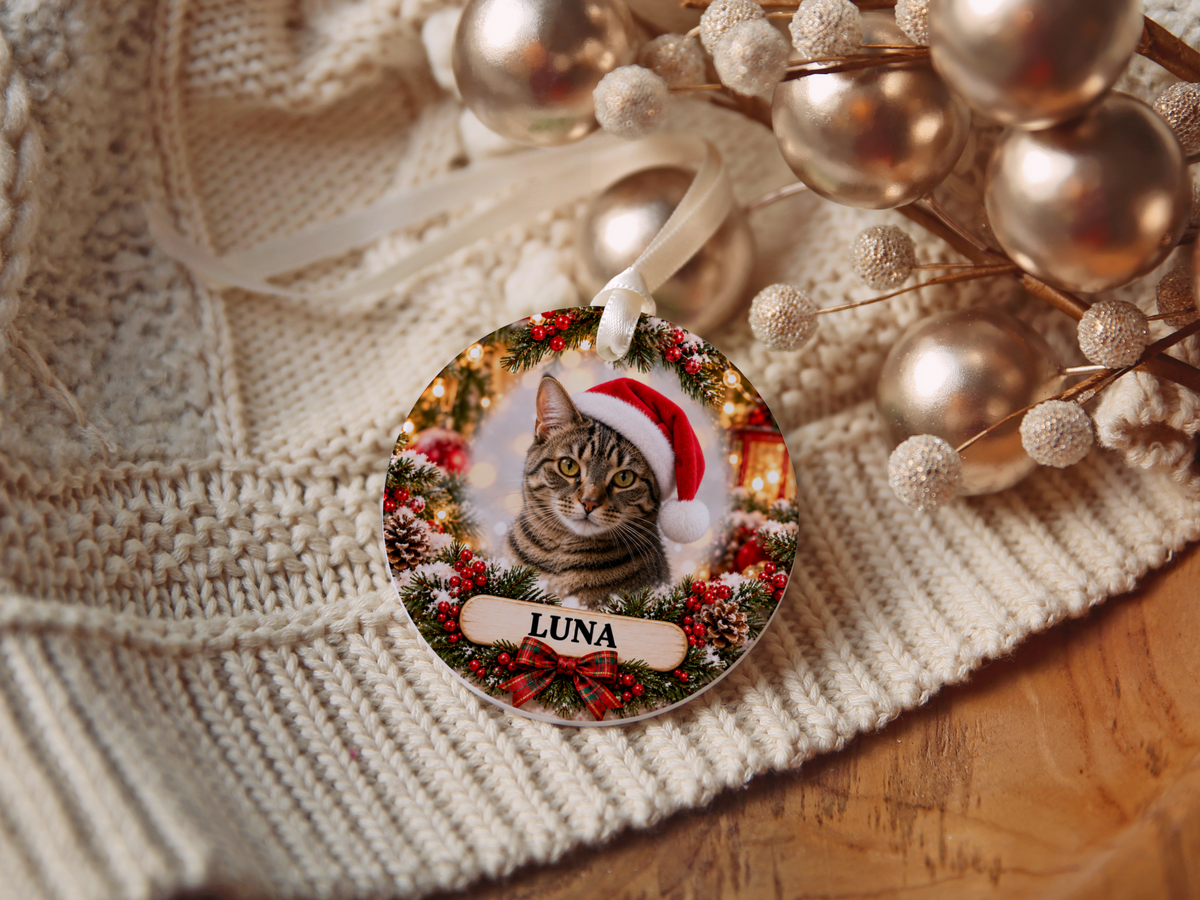 Personalized Cat Christmas Ornament – Custom Photo Portrait & Name