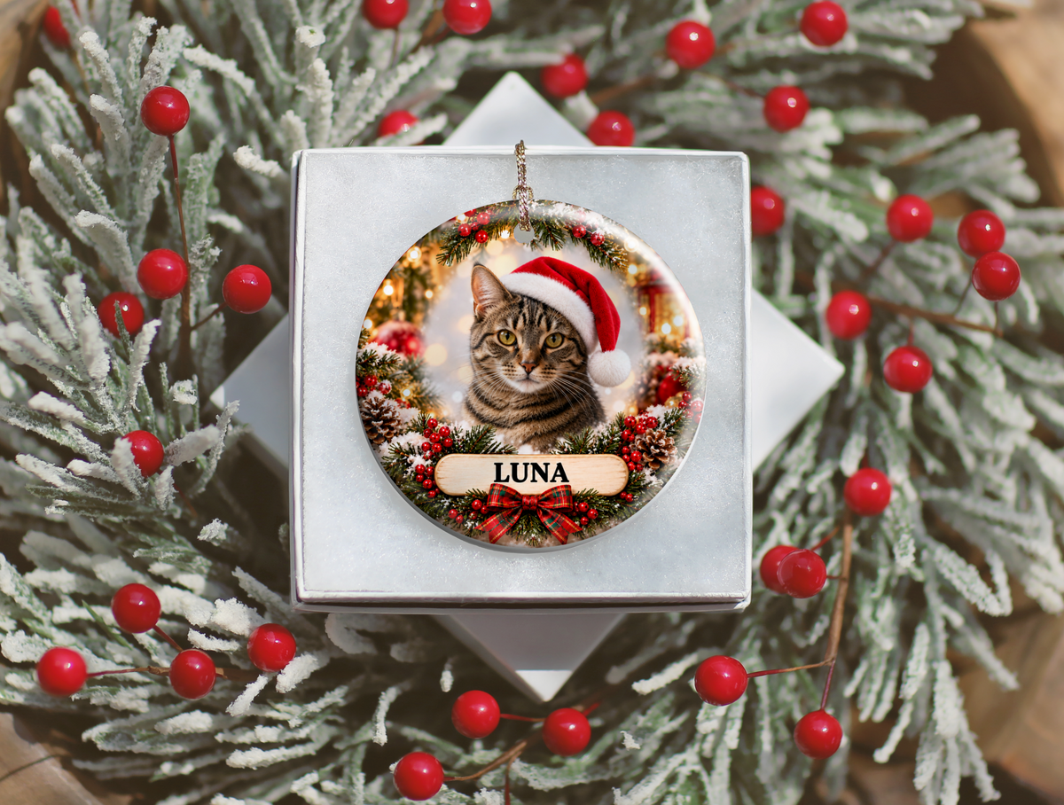 Personalized Cat Christmas Ornament – Custom Photo Portrait & Name