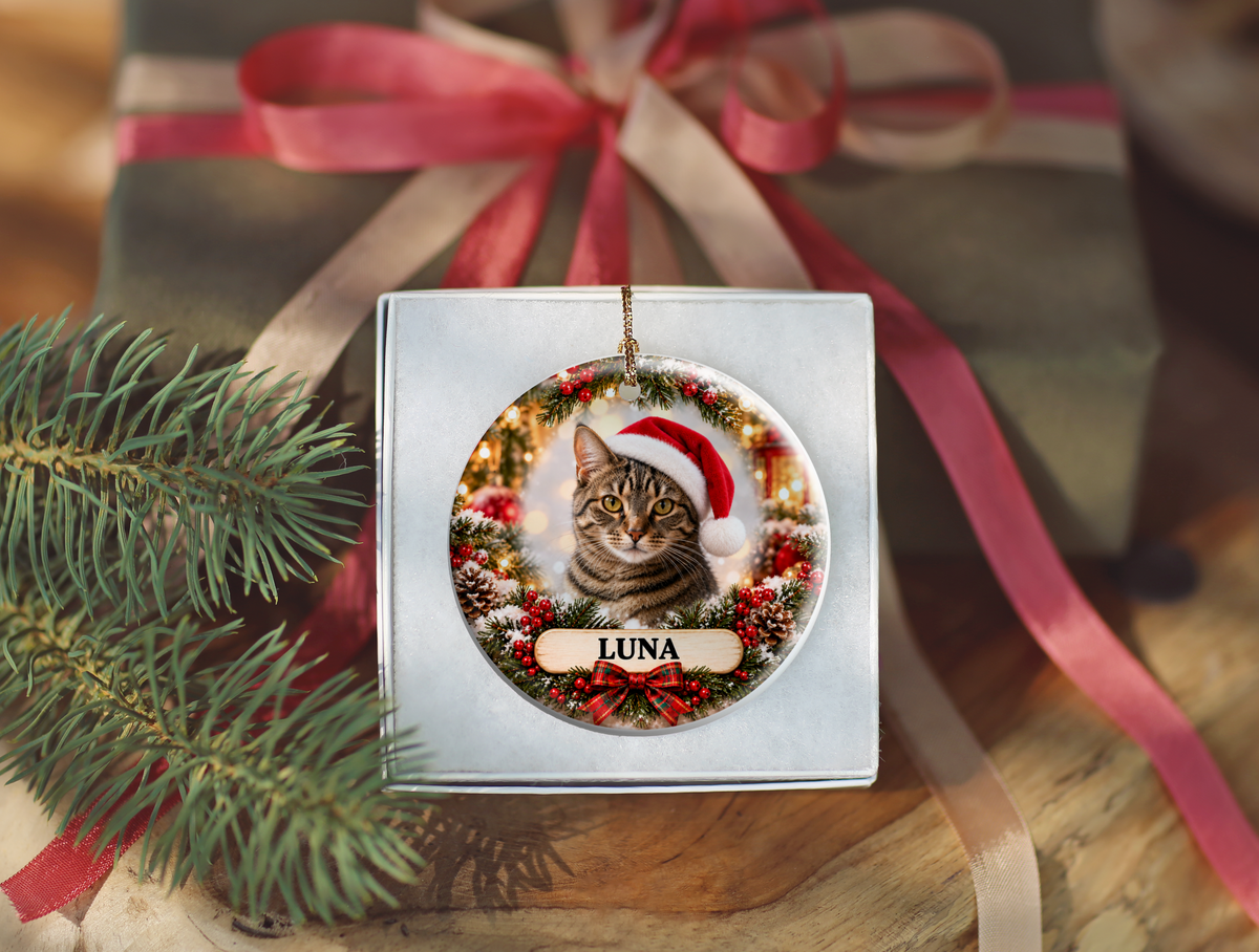 Personalized Cat Christmas Ornament – Custom Photo Portrait & Name