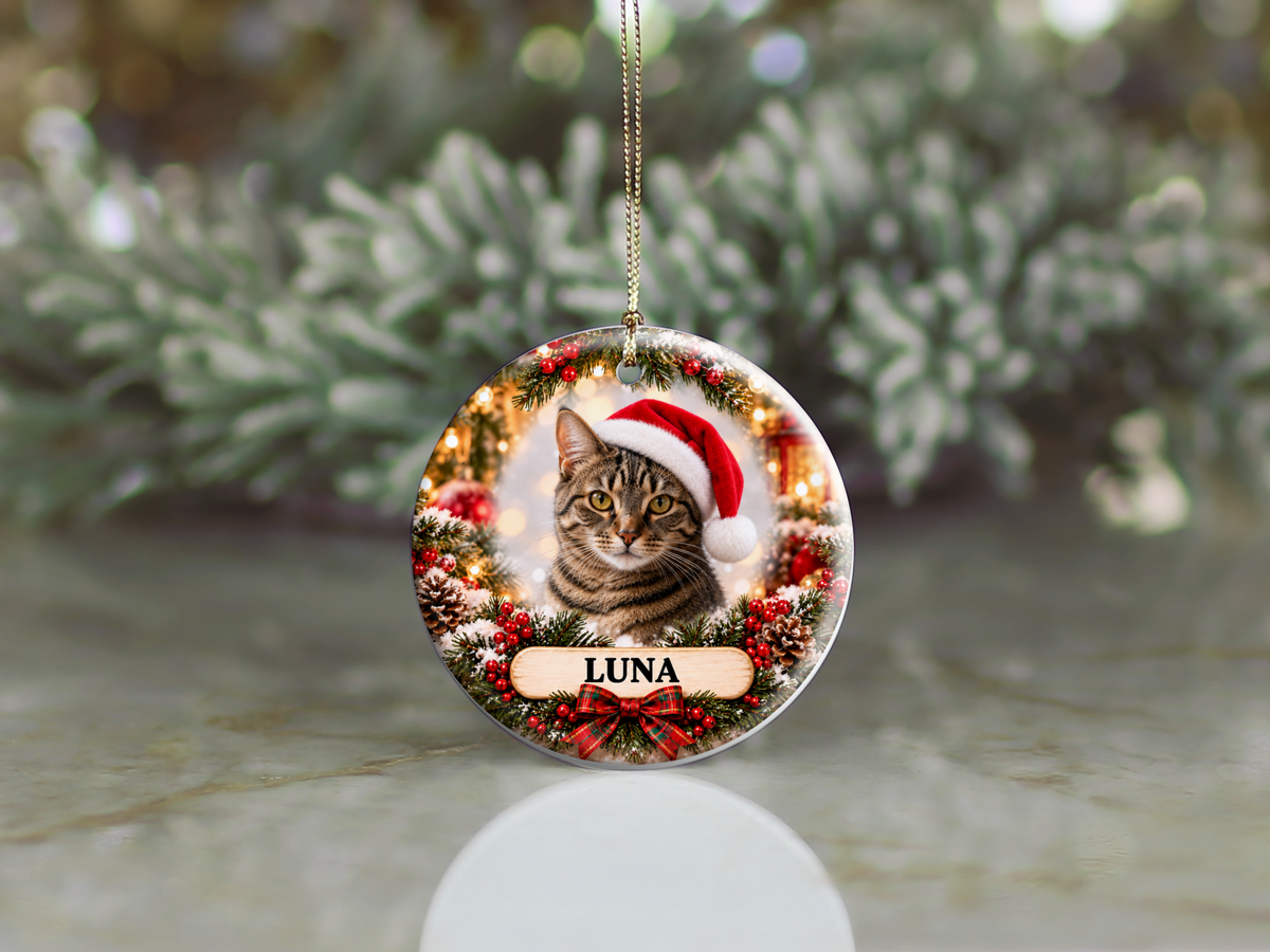Personalized Cat Christmas Ornament – Custom Photo Portrait & Name