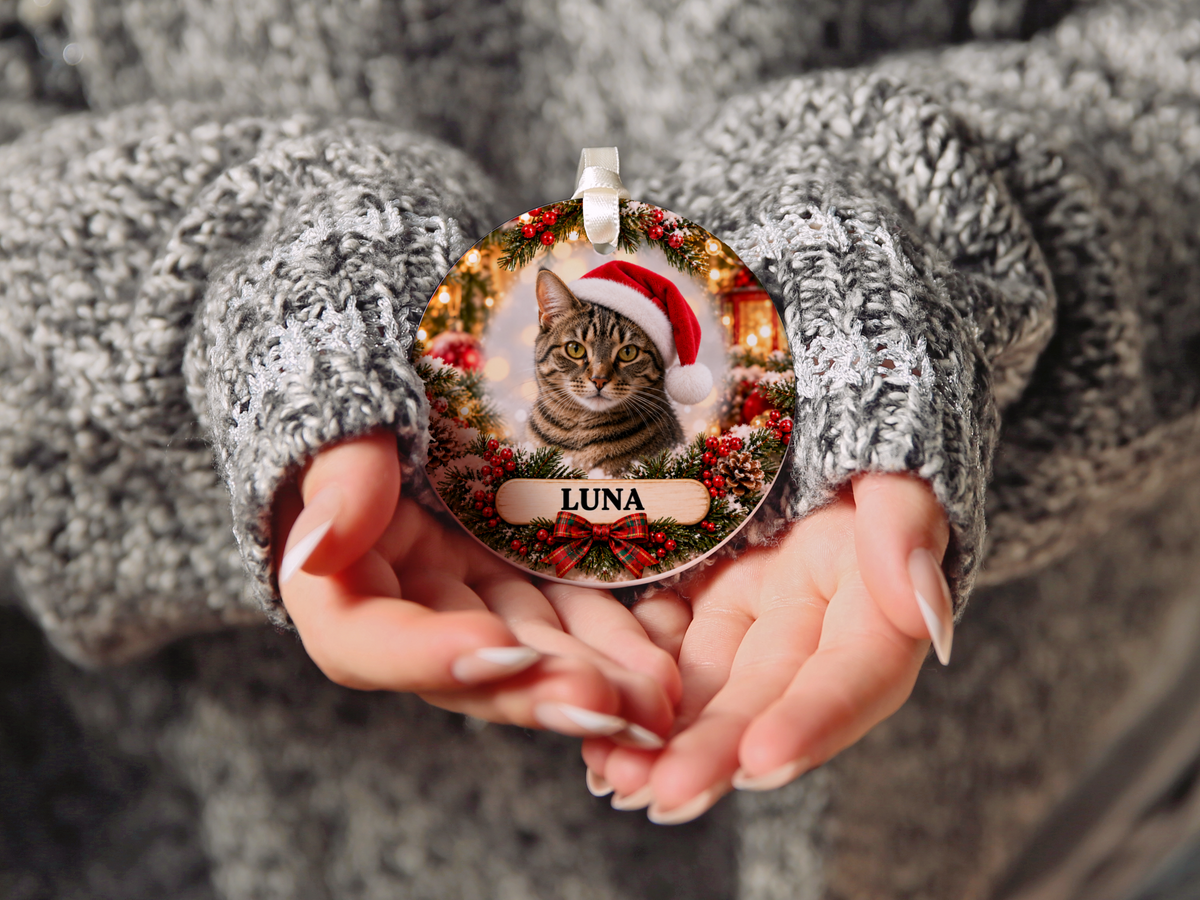 Personalized Cat Christmas Ornament – Custom Photo Portrait & Name