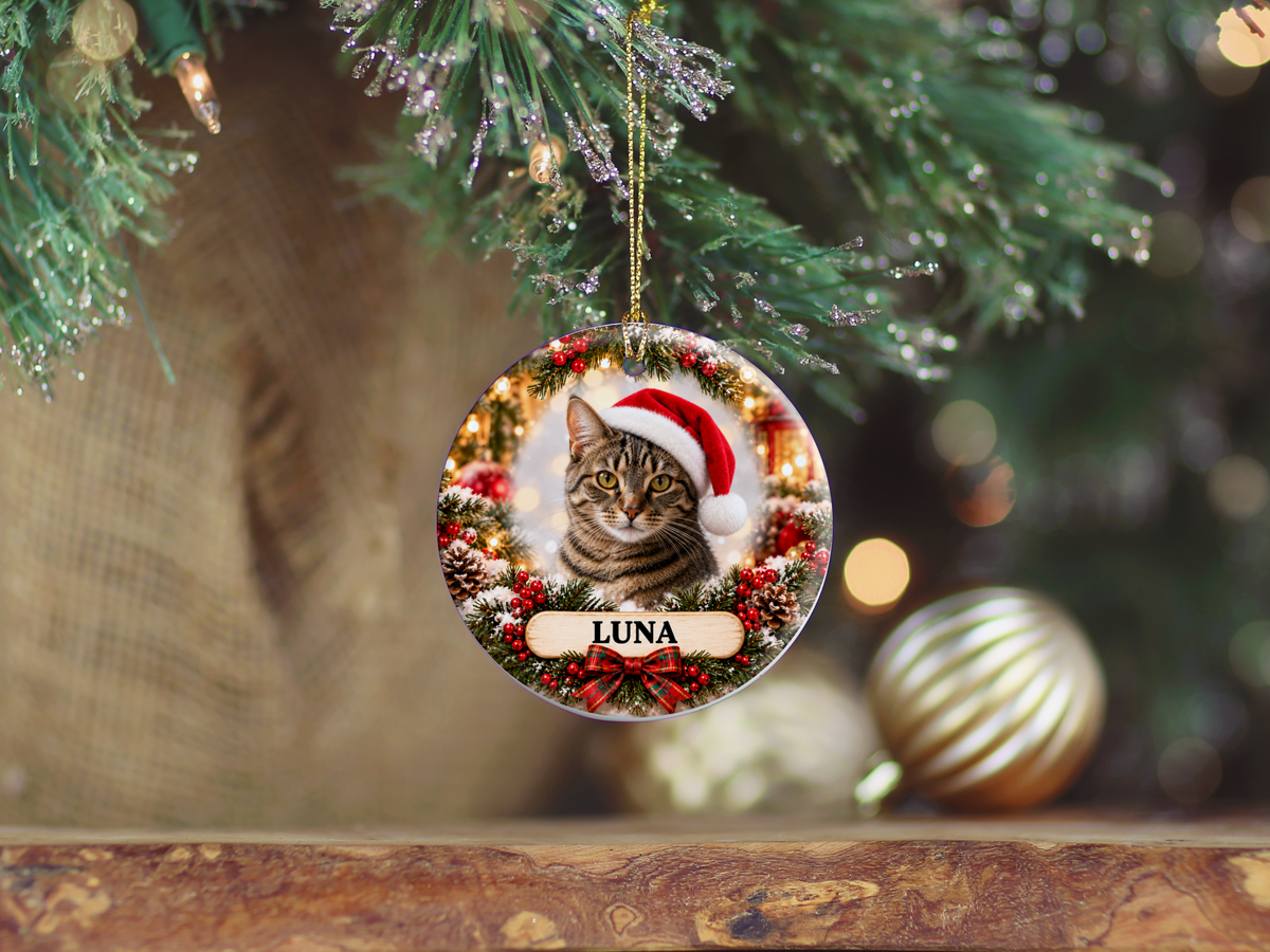 Personalized Cat Christmas Ornament – Custom Photo Portrait & Name
