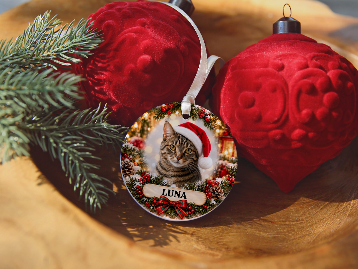 Personalized Cat Christmas Ornament – Custom Photo Portrait & Name