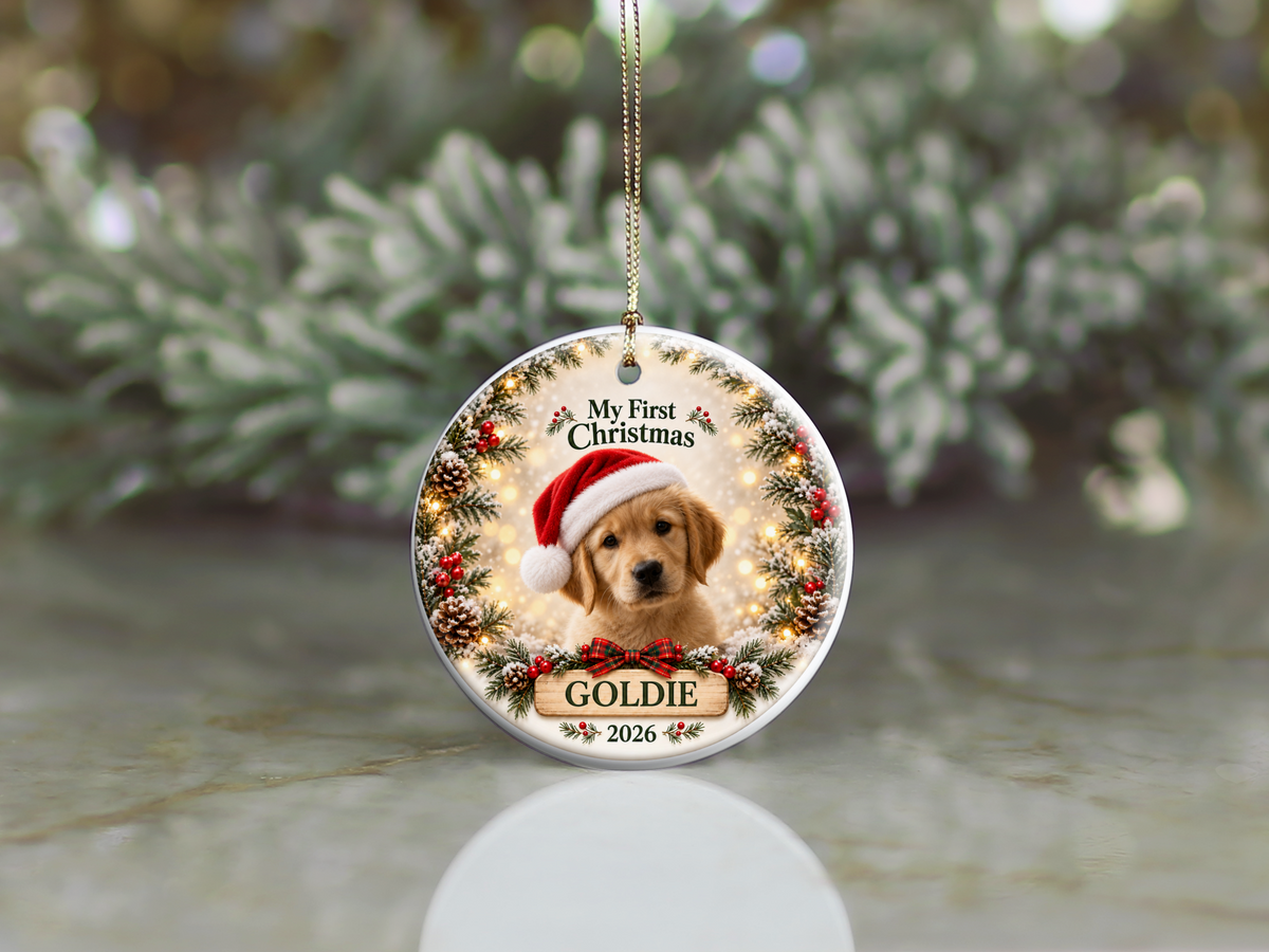 Personalized Puppy’s First Christmas Ornament – Photo, Name & Year