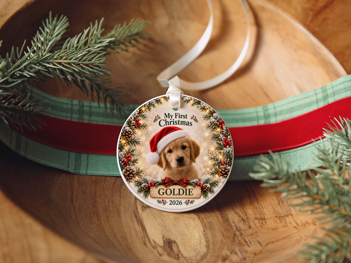 Personalized Puppy’s First Christmas Ornament – Photo, Name & Year