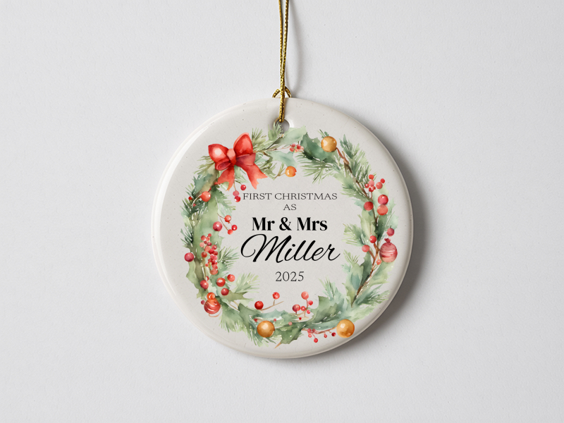 First Christmas as Mr & Mrs Personalized Ceramic Ornament (2025 Newlywed Gift)